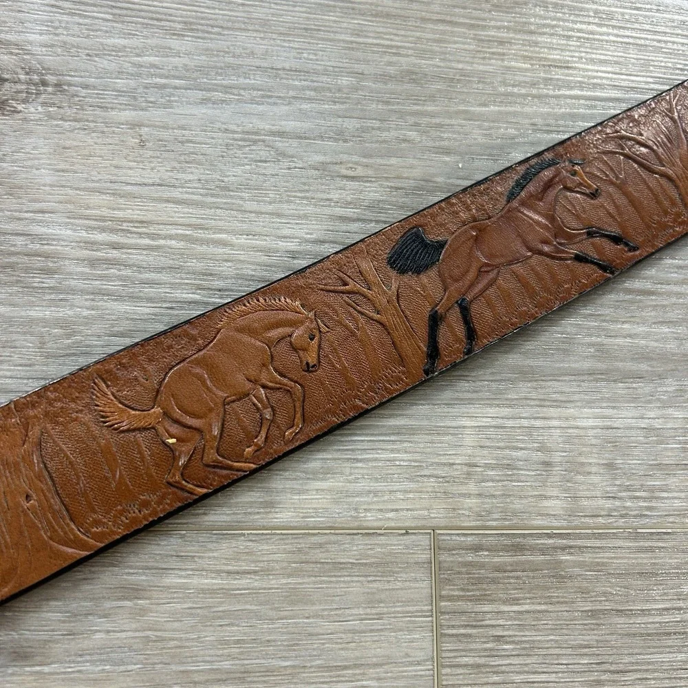 Belt Factory Brown Tooled Leather Belt Size 30 Horse Western Brass Buckle